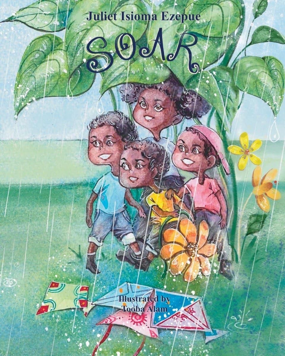 Cover of Soar: four children shelter from the rain under a giant leaf, kites at their feet