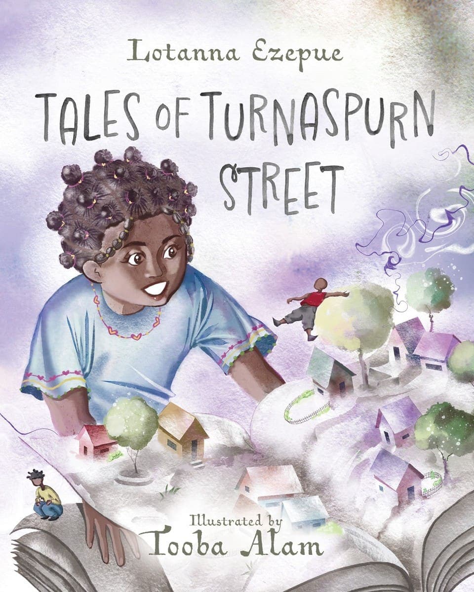Cover of Tales of TurnaSpurn Street: a girl with her hair in bantu knots leans over an open book as a small town rises from its pages